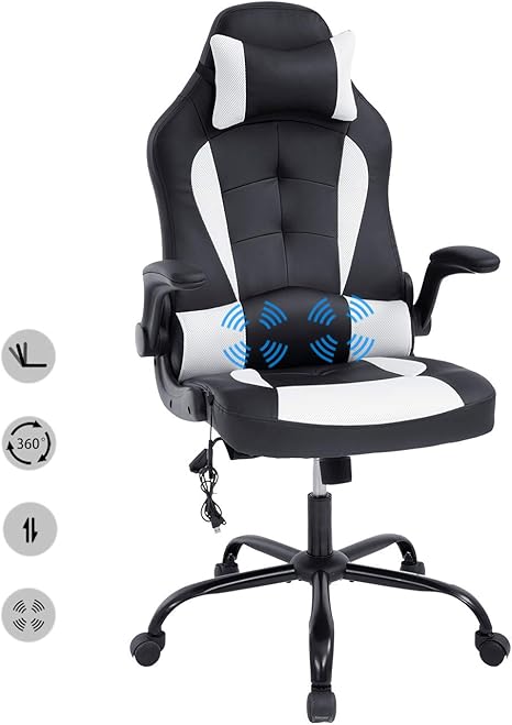 Amazon Com Hcb Office Chair Gaming Chair Ergonomic Computer Desk Chair High Back Rolling Swivel Height Adjustable With Flip Up Arms Headrest And Lumbar Support Massager Leather White Kitchen Dining