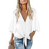 Kancystore Womens Button Down V Neck Tie Knot Front Tops 3/4 Sleeve Chiffon Casual Blouse Shirts