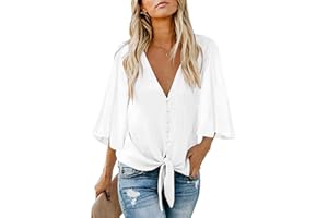 Kancystore Womens Button Down V Neck Tie Knot Front Tops 3/4 Sleeve Chiffon Casual Blouse Shirts