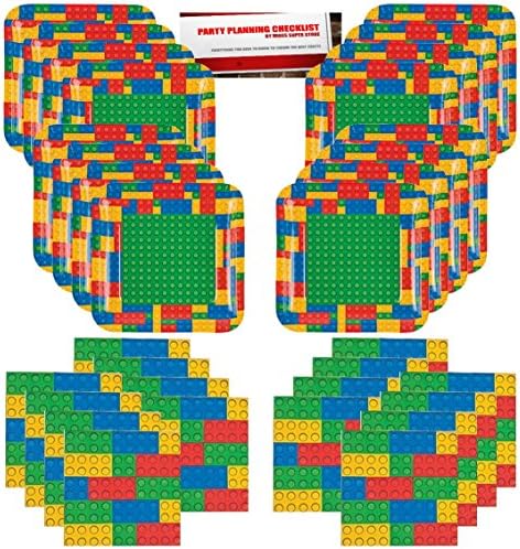 Building Blocks Bricks Party Supplies Bundle Pack for 16 guests (Plus Party Planning Checklist by Mikes Super Store)