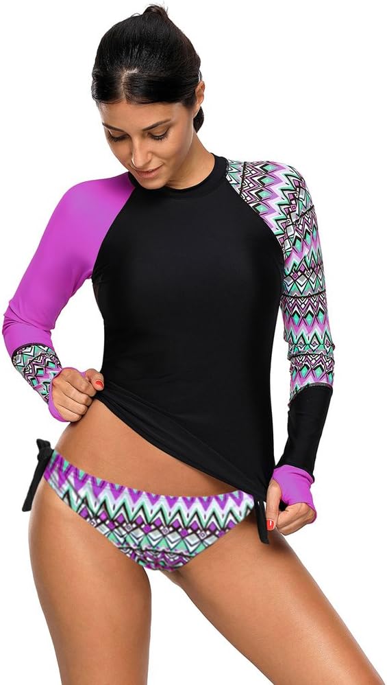 FuYang Womens Long Sleeve Rash Vest Guard Top Sun Protection Tankini Sets Swimwear Swimsuit