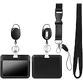 Black Horizontal ID Badge Holder with Lanyard, Retractable Heavy Duty Oval Badge Reels,Detachable Keychain, for Nurse Officer Teacher Security Staff Women Men
