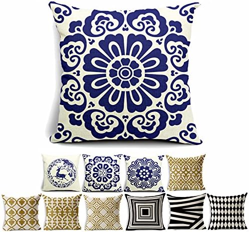 Cotton Linen Square Shams Decorative Throw Pillow Cover Cushion Case(Blue and White Porcelain 002)Set of 1 Hidden Zippered for Sofa,Couch,Bed and Chair Fit 18x18 Inserts