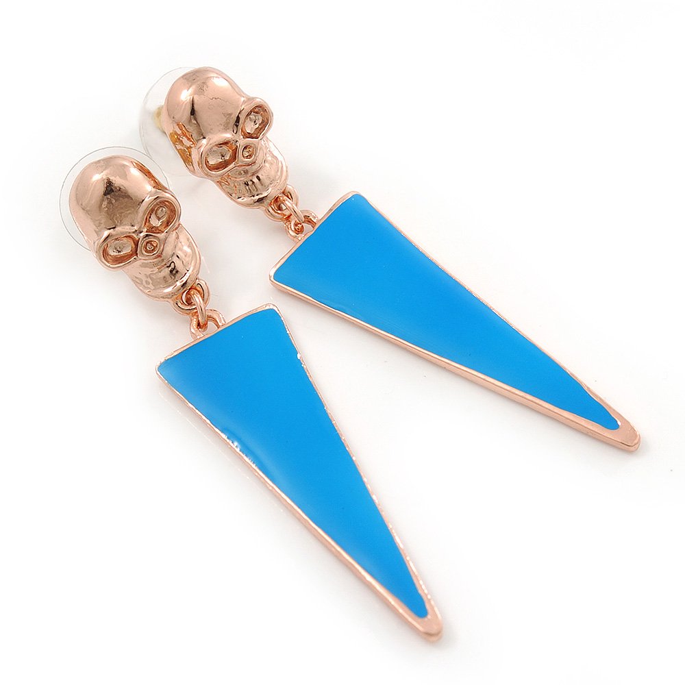 Blue Enamel Skull Drop Earrings/Gold Tone/ 65mm L