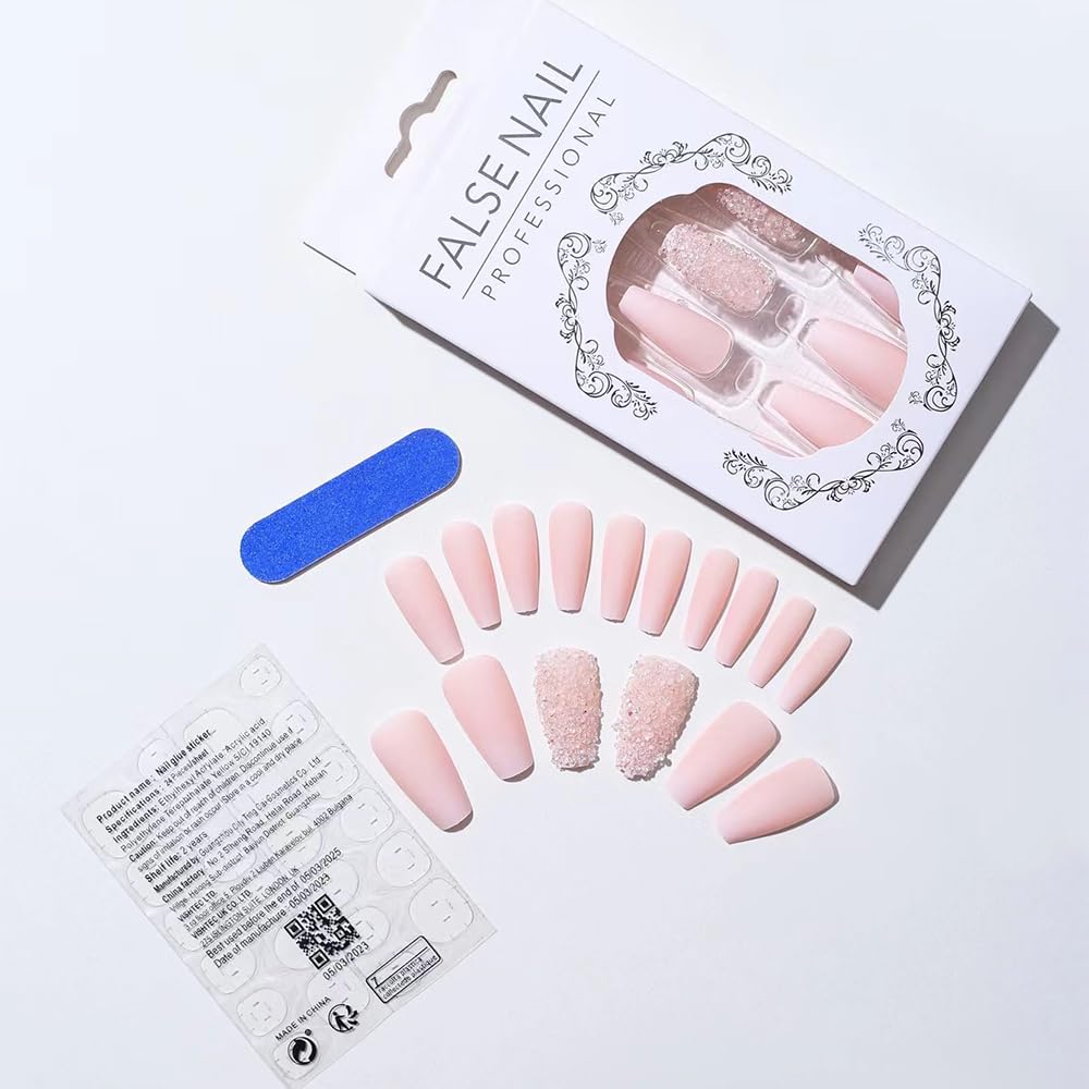 Medium Press on Nails Coffin Fake Nails Rhinestone with Matte Gradient Design Pink Acrylic False Nails Full Cover Artificial Glue on Nails Stick on Nails for Women and Girls Nail Decoration 24Pcs - Image 4