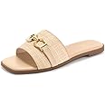 Rihero Women's Flat Sandals Summer Comfortable Square Open Toe Slip On Leather Slide Sandals