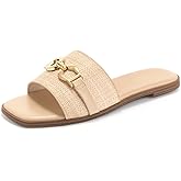 Rihero Women's Flat Sandals Summer Comfortable Square Open Toe Slip On Leather Slide Sandals