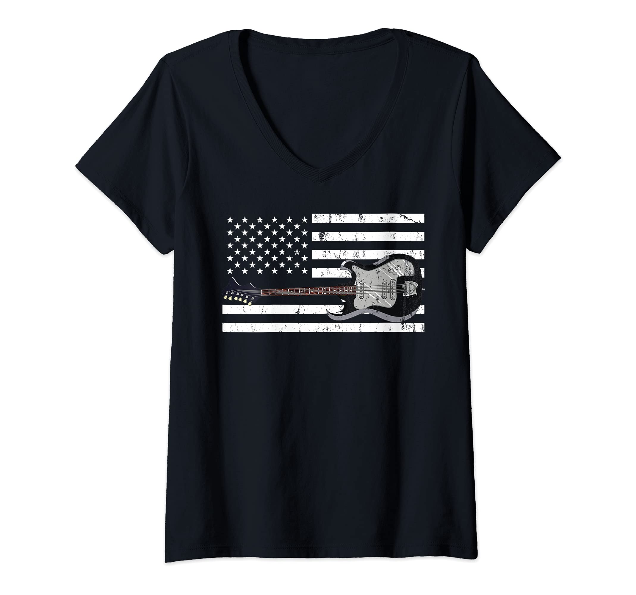 Womens Patriotic Guitarist USA Flag Guitar Player Musician Guitar V-Neck T-Shirt