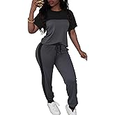 LovelyWholesale Women Jogging Suits 2 Piece Set Short Sleeve Color Block Tops and Jogger Pants
