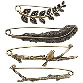 SUNNYCLUE Vintage Lapel Pins - 8pcs Antique Bronze Lapel Pin Brooches - Large Leaf, Feather, Bird Branch Designs - Safety Brooch Pins for Men, Women, Coats, Jackets, Hats, Bags - Decoration