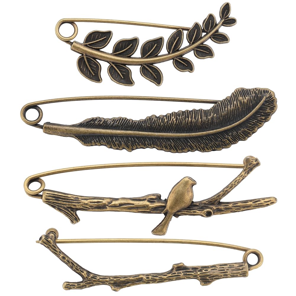 SUNNYCLUE 1 Box 8Pcs Vintage Lapel Pins Antique Bronze Lapel Pin Brooches Safety Brooch Pins Large Leaf Lapel Pin Feather Bird Branch Lapel Brooches for Men Women Coats Jackets Hats Bags Decoration