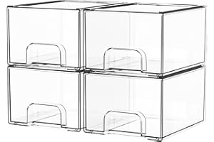 Yieach 4 Pack Clear Stackable Storage Drawers,4.4'' Tall Acrylic Drawer Containers for Organizing,Bathroom Organizers and Storage Bin Box,Plastic Makeup,Medicine Organizer Bins for Cabinet,Undersink