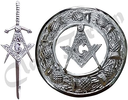 Scottish Kilt Fly Plaid Brooch Masonic Chrome Finish 3" Kilt Pin Masonic Sword Silver 4"