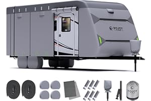 POJOY Waterproof Windproof RV Travel Trailer Cover, Anti-Rip Anti-UV 600D Oxford Fabric Camper Cover - with Tongue Jack Cover, Tire Covers, Gutter Covers, for 34'1"-37'