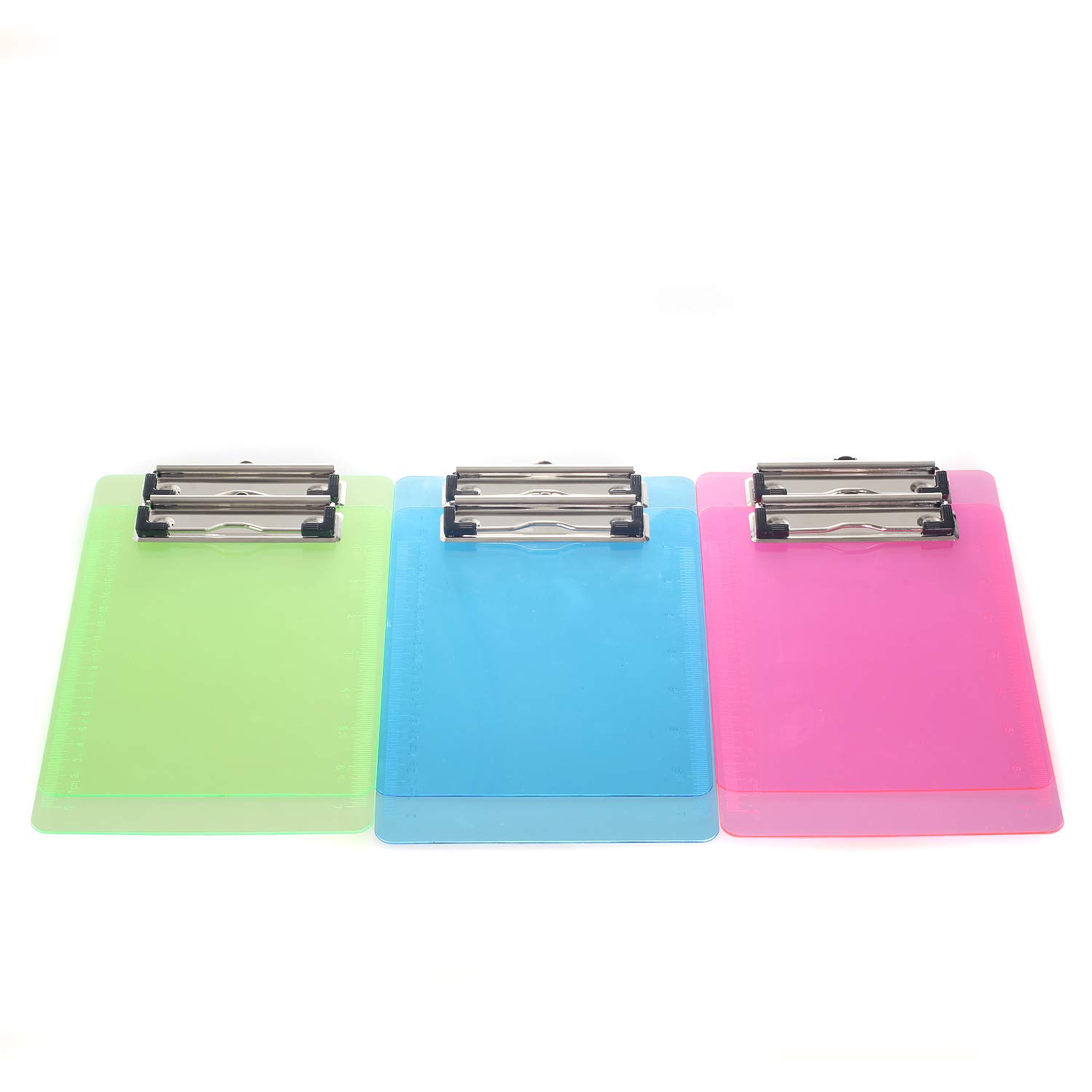 [Pack of 6] A5 Clipbboard Transparent Plastic, Rubberized Metal clamp, Durable Assorted Coloured Paper Holder Writing Memo Document Form Holder, Writing Board, Ruler Edge Design, 3 Colors, TKD8021