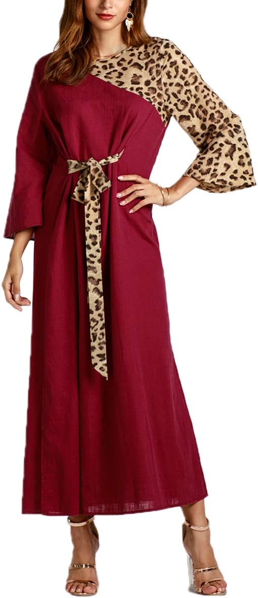 Leopard Patchwork Tie A-line Maxi Long Sleeve Muslim Dubai Abaya Evening Dress