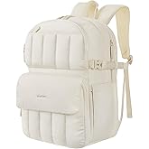 MOSISO Puffy Laptop Backpack for Women, 15.6 inch Lightweight Computer Bookbag Carry on Daypack with Flap Pocket, Travel Backpack Personal Item Bag for Commute Weekender College Work Business, Beige