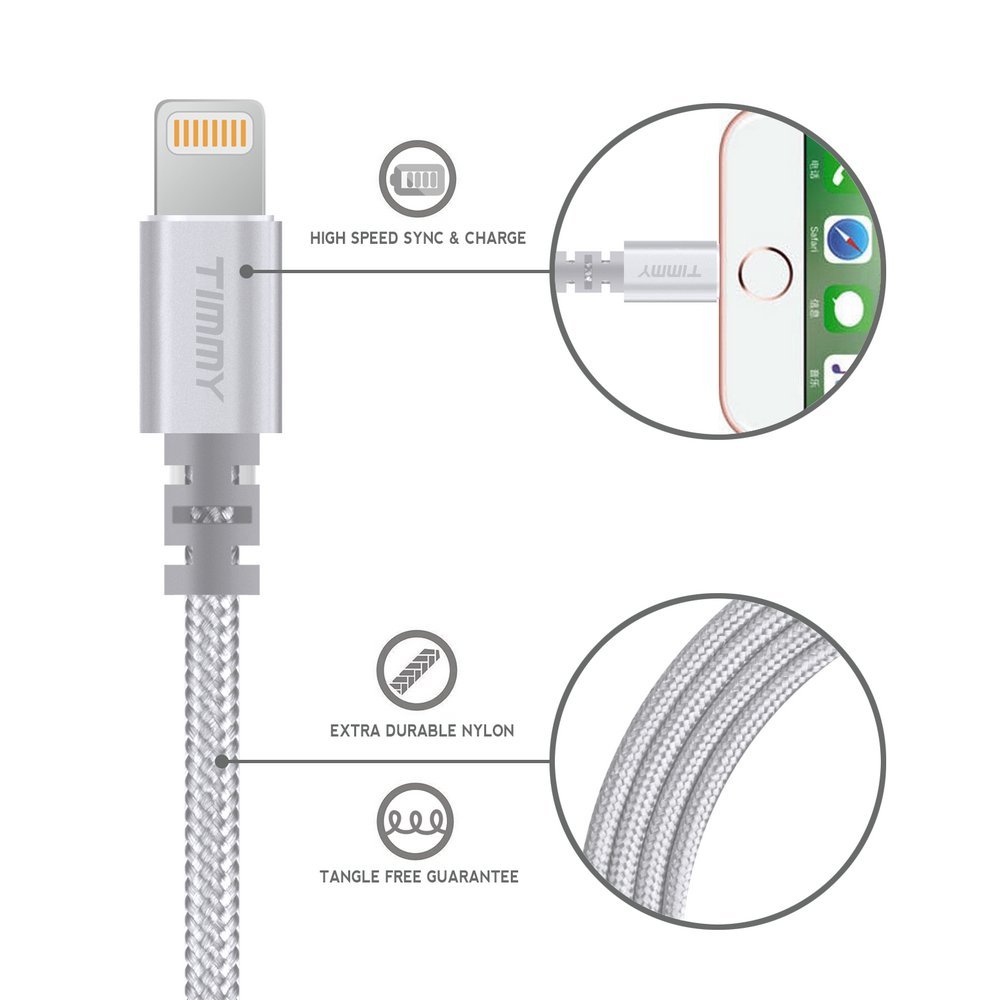 IPhone Charger TIMMY 3Pack 6FT Nylon Braided  Lightning cable certified to charging Cable with charging indictor powerline for iPhone 5/5C/5S/6S/6S PLUS/7/7 plus, iPad Air, and more (silver)
