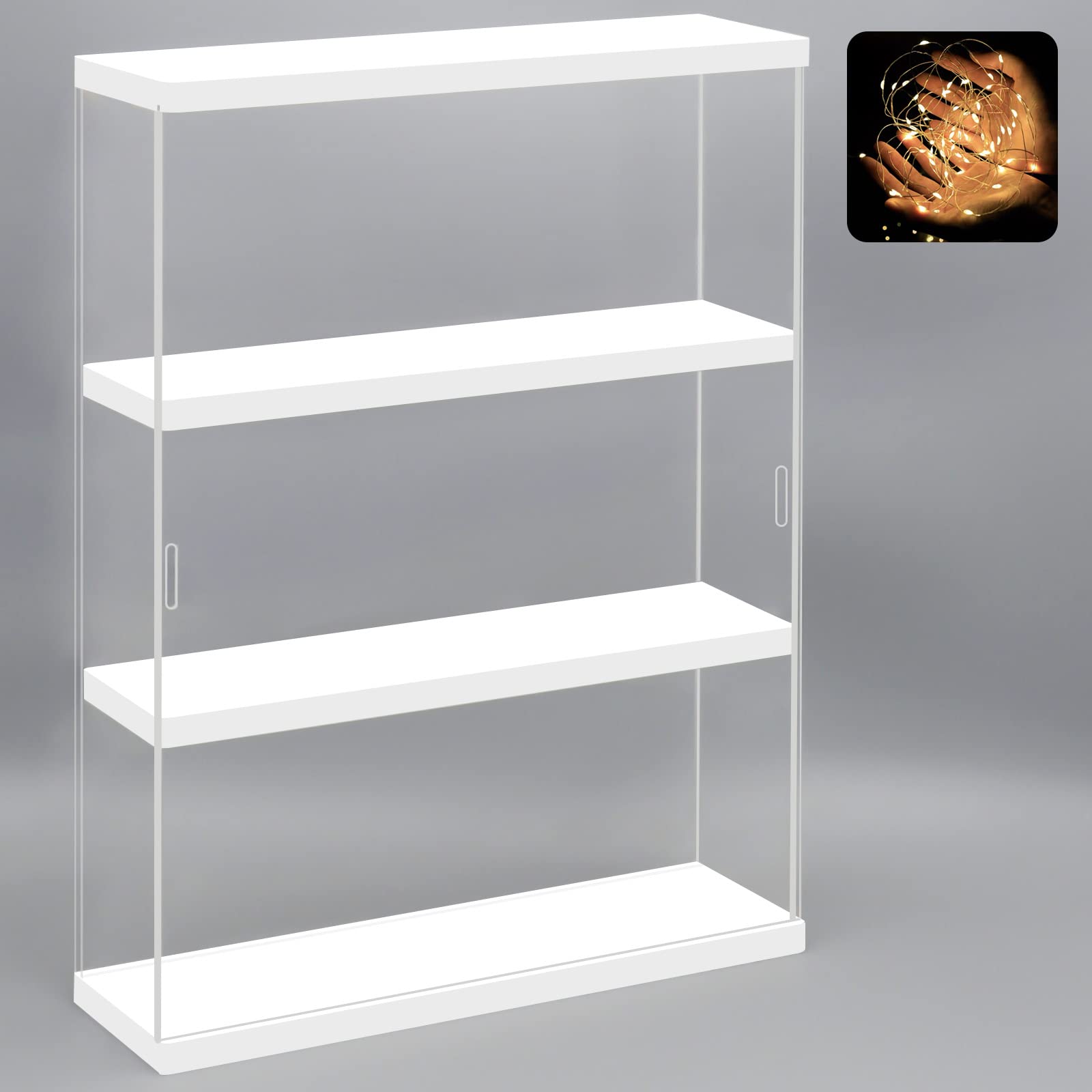 NONEMEY Clear Acrylic Display Case Stand with Wood Base 2 Tier、3 Tier、12/24 Compartments Storage Box Wall Mount Showcase Dustproof Organizer Box for Collectibles (White 3Tier 12x3.3x15inch)