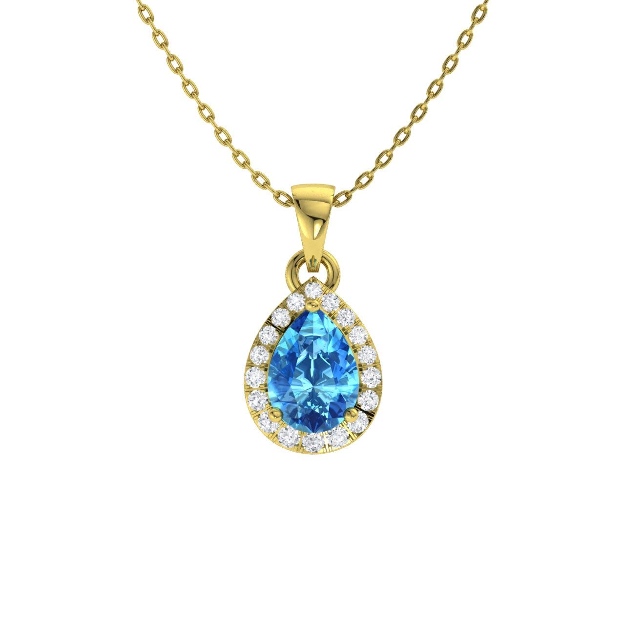 Diamondere Natural and Certified Pear Blue Topaz and Diamond Halo Drop Petite Necklace in 9ct Yellow Gold | 0.57 Carat Pendant with Chain