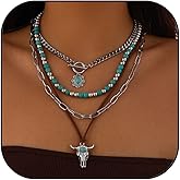 TACBSP Layered Western Necklaces for Women Boho Turquoise Necklace Vintage Cow Flower Pendant Necklaces Trendy Western Cowgirl Gifts