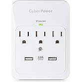 CyberPower CSP300WUR1 Professional Surge Protector, 600J/125V, 3 Outlets, 2 USB Charge Ports (2.1 Amps Shared) Wall Tap Plug
