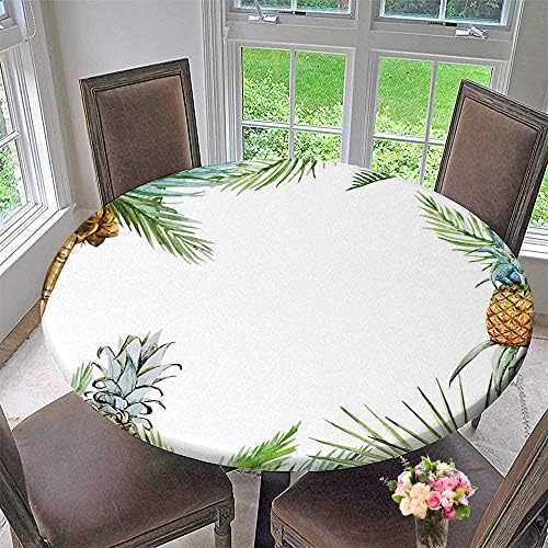 Mikihome Luxury Round Table Cloth for Home use Watercolor Tropical Island Style Border Print with Exotic Fruit Palm Trees and Leaves for Buffet Table, Holiday Dinner 40"-43.5" Round (Elastic Edge)