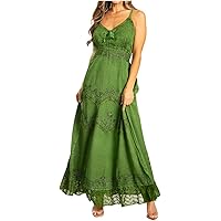 Sakkas Rayon Embroidered Stonewashed Adjustable Spaghetti Straps Long Dress  - Burgundy