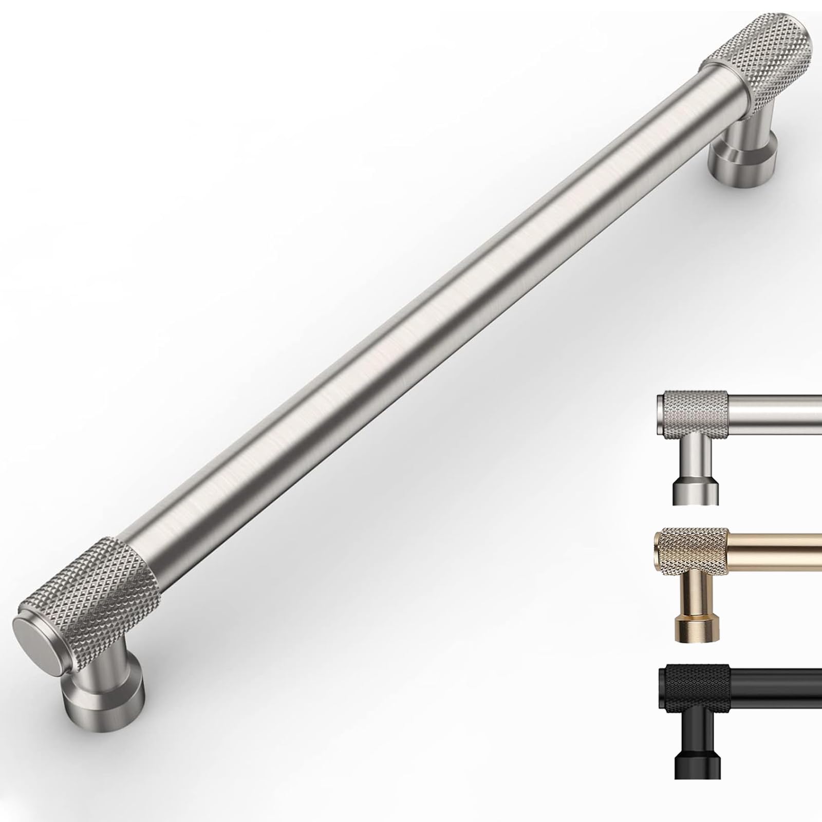 9BUILD EU0046 Pack of 10 Cabinet Handles, Brushed Nickel, 192 mm Hole Spacing, Kitchen Cabinets, Knurled Furniture Handles