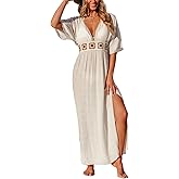 CUPSHE Women Swimsuit Coverup Deep V Neck Half Sleeve Maxi Coverup Dress