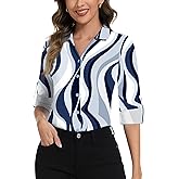 Soneven Womens 3/4 Roll Sleeve Golf Polo Shirts V Neck Long Sleeve Button Up Shirts Business Casual Tops Work Blouses