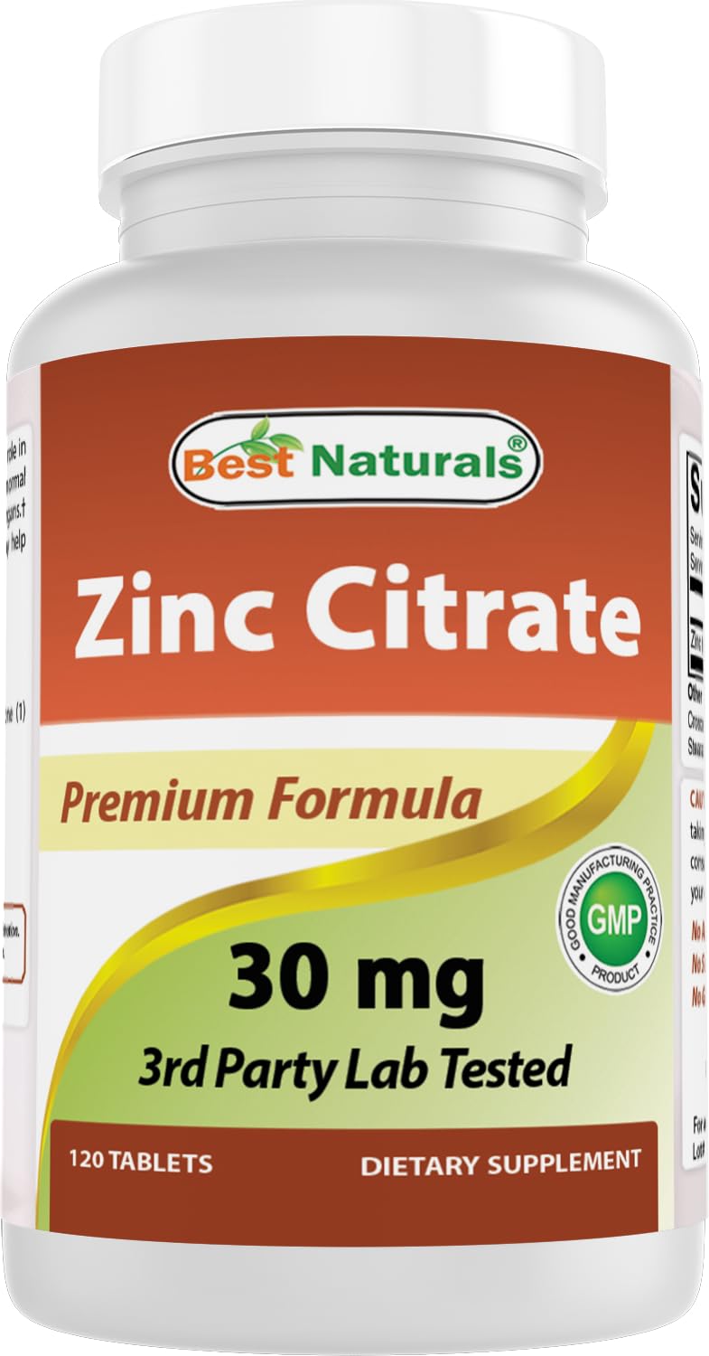 Best Naturals Zinc 30mg Supplements (as Zinc Citrate) - zinc Vitamins for Adults Immune Support - 120 Tablets