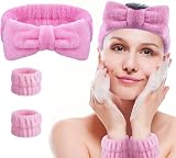 Aomig Spa Headbands Women Fluffy Bowknot Elastic Microfiber Pink 2 Wrist Straps view 9