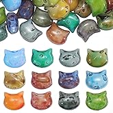 PONABEADIY 1 Box 50PCS Cat Glass Beads with Holes Picasso Baking Colorful Animal Cats Head Opaque Vintage Loose Spacer Seed Bead for Jewelry Making Necklace Earrings Bracelet DIY Crafts Supplies