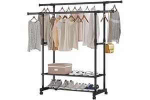 Adjustable Height Length Rolling Rod Garment Rack Portable Metal Clothing with 2-Tier Storage Shelves and Wheels for Home Ret