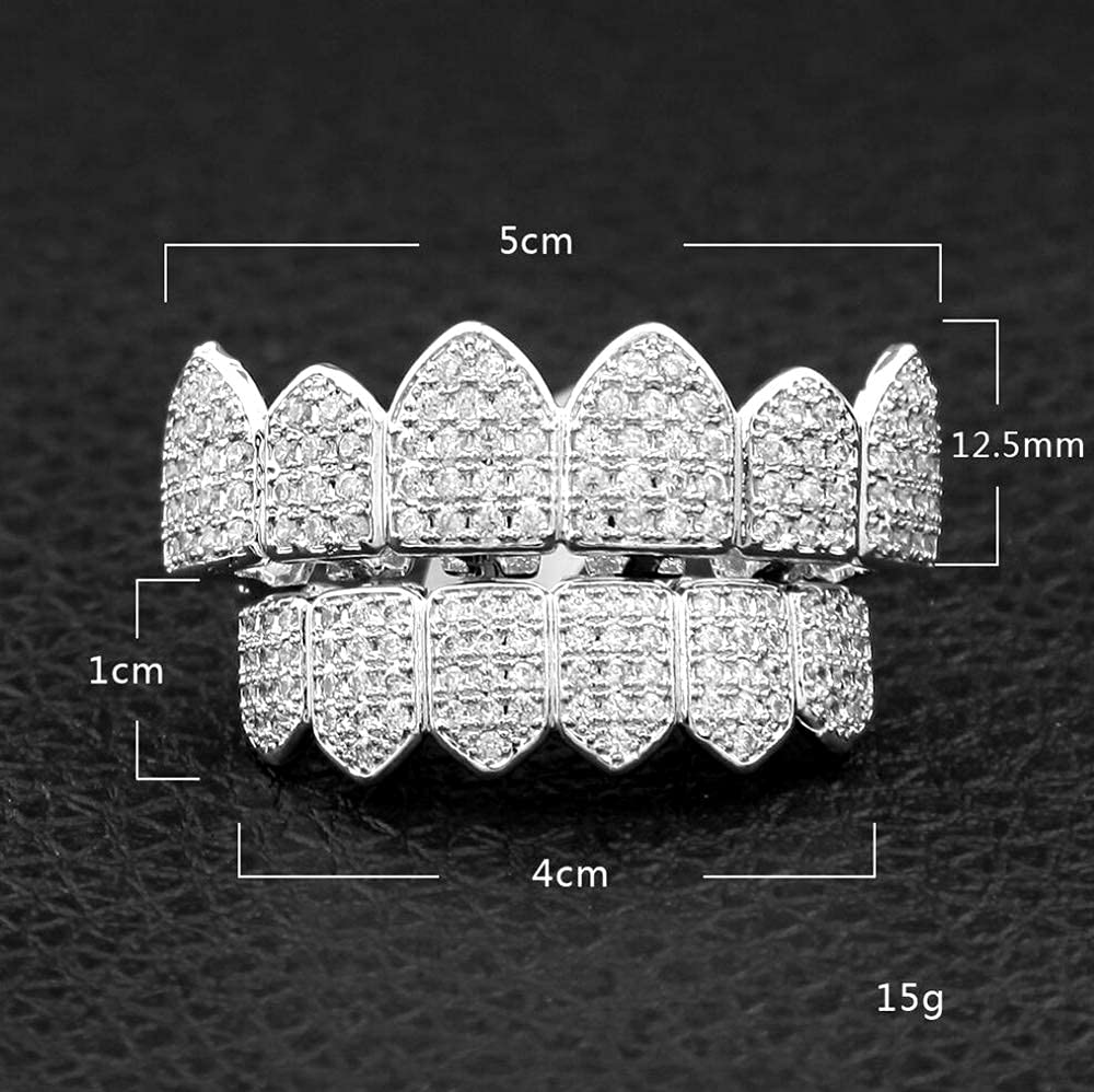 HH BLING EMPIRE Iced Out Diamond Teeth Grillz for Men Women, Hip Hop Silver Grills for your teeth Top and Bottom, Rapper Costume Mouth Grillz with Silicone Molding Bars