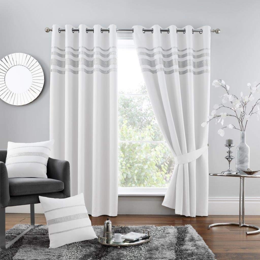 GC GAVENO CAVAILIA Diamante Kendal Blackout Curtains For Bedroom, Eyelet Thermal Insulated Door Curtain, White, 66X54 Inch