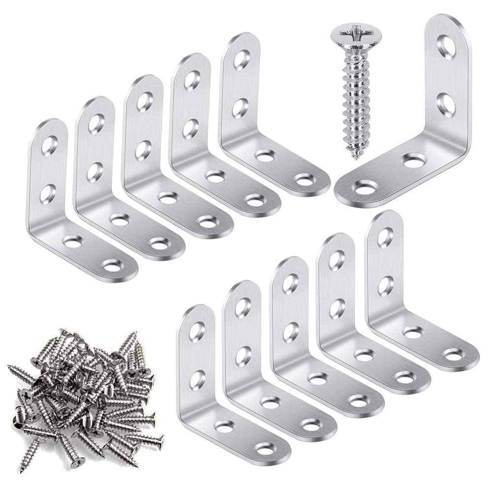 OBELON Stainless Steel Corner Braces Angle Bracket 1.57"x1.57"x0.63" Small L Shaped Shelf Brackets with Screws for Wood Furniture Cabinet Shelves Fixation, Silver, 10 Pack