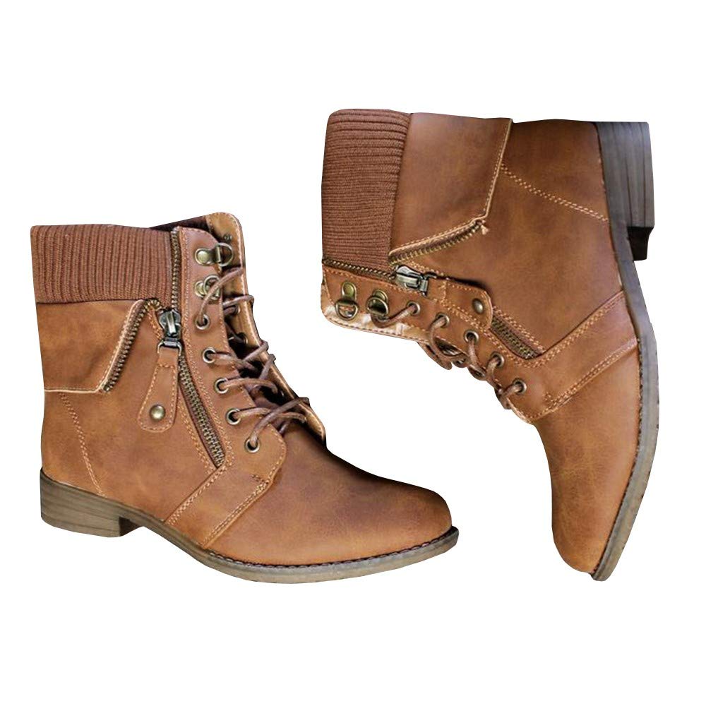 Fashare Womens Military Combat Boots Hiking Side Zip Lace up Short Ankle High Booties Brown - Image 3