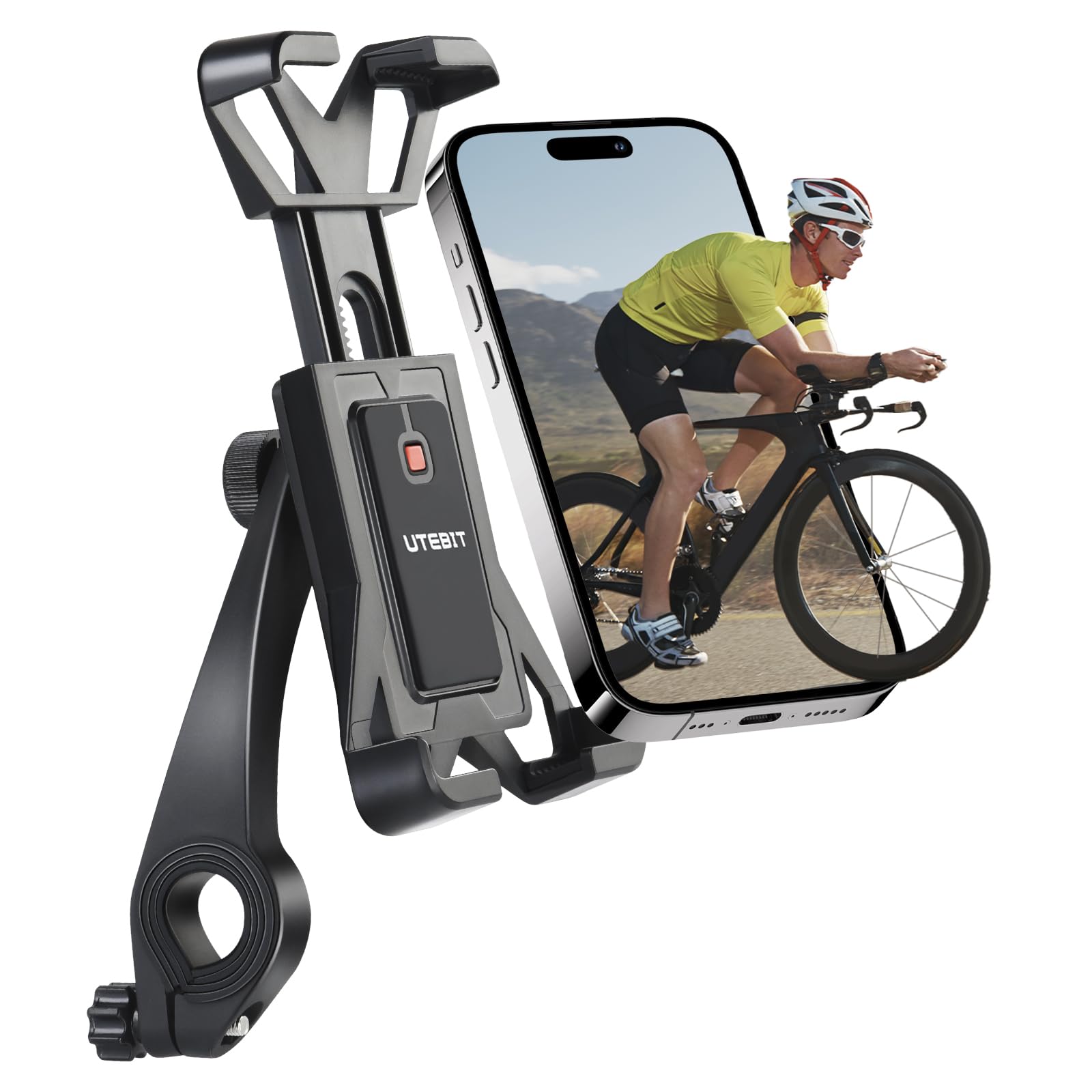 UTEBIT Phone Holder Bike, 1S Quick Release Mobile Phone Bike Mount, 360° Rotatable Adjustable Bicycle Motorcycle Cell Phone Mount Compatible for 4.5" to 7.0" Smartphones for Fits Mountain/Scooter