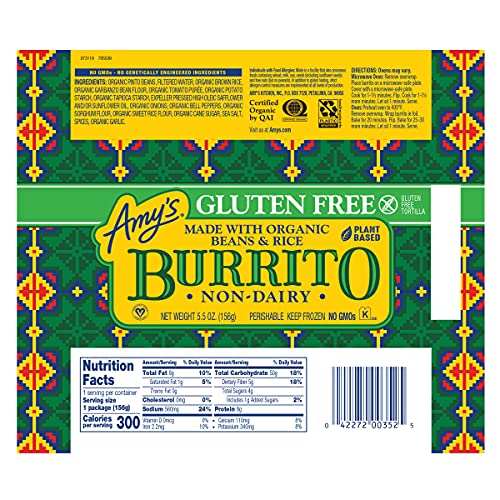 Amy's Vegan, Gluten Free Beans & Rice Burrito, Dairy Free Frozen Meals
