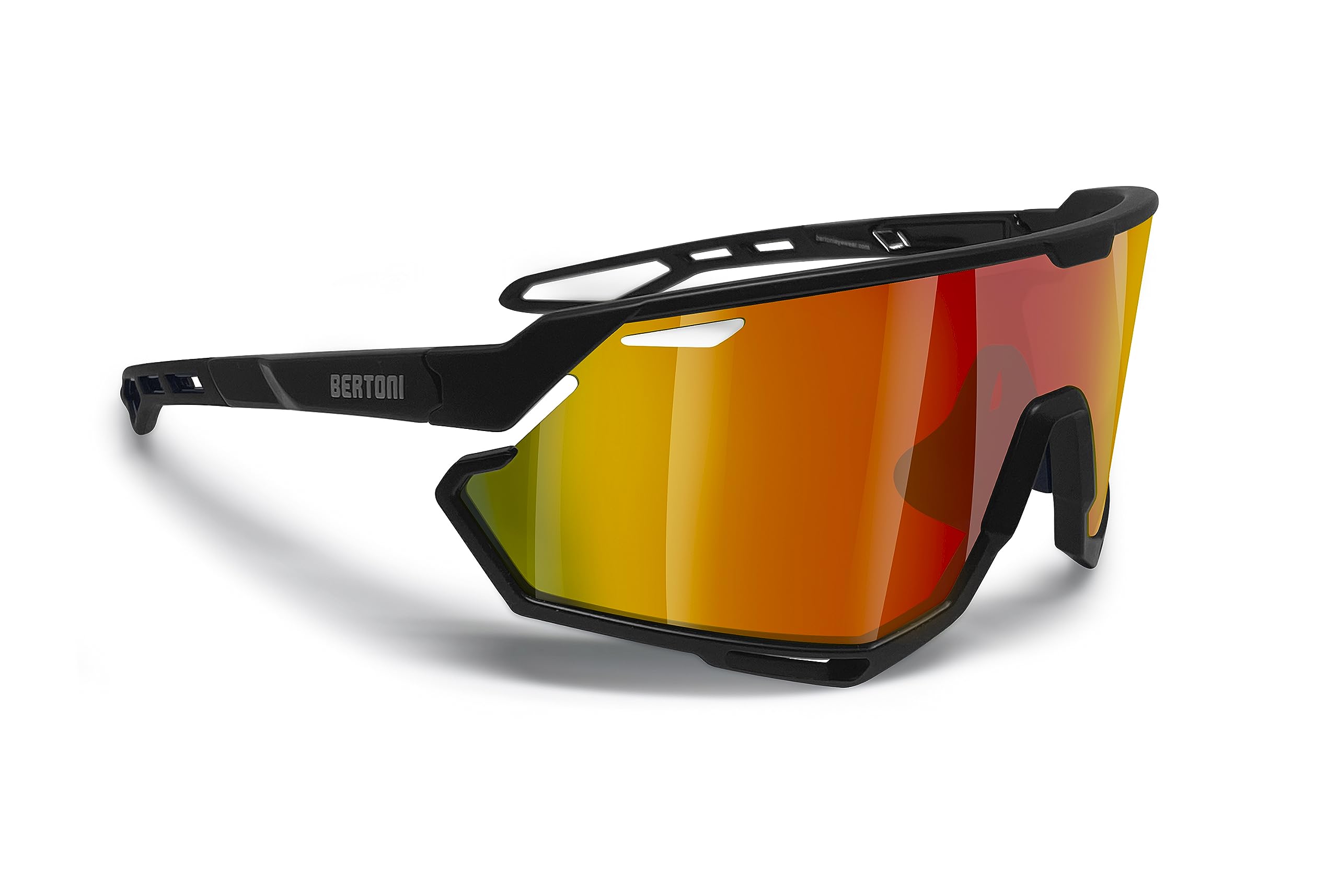 BERTONI Sport Cycling MTB Running Sunglasses for Men Women in TR90 100% UV Block mod. ALPHA (Matt Black/Shiny Black – Gold Red Mirror Lens)