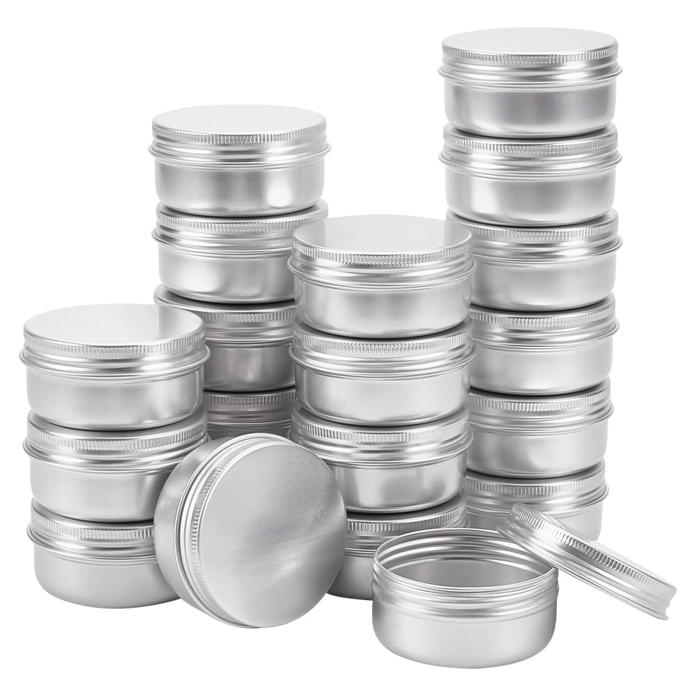BENECREAT 20 Pcs 50ml Aluminum Tin Jars, Round Aluminum Tin Cans Cosmetic Containers with Screw Lid for DIY Crafts Candle Travel Storage-Platinum