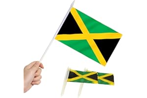 Anley Jamaica Mini Flag 12 Pack - Hand Held Small Miniature Jamaican Flags on Stick - Fade Resistant & Vivid Colors - 5x8 Inc