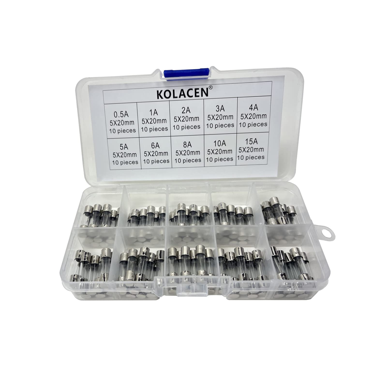 KOLACEN Quick Fast-blow Glass Tube Fuse 5 x 20 mm Assorted Kit 0.5Amp 1Amp 2Amp 3Amp 4Amp 5Amp 6Amp 8Amp 10Amp 15Amp (Pack of 100)