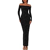 PRETTYGARDEN Womens Off The Shoulder Floral Maxi Bodycon Dress Fall Long Sleeve Mesh Fitted Long Formal Wedding Guest Dresses