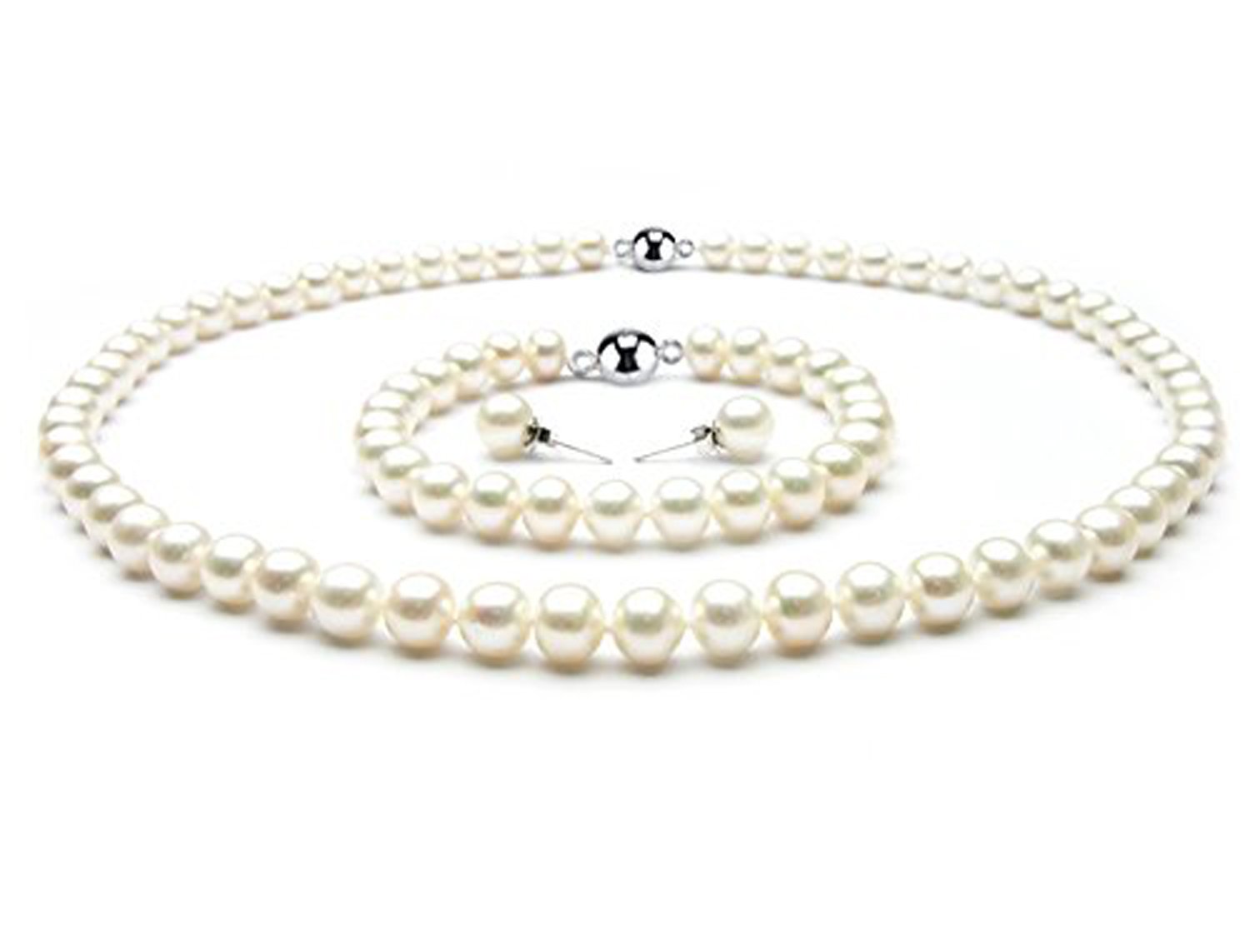 Treasure Bay Womens Pearl necklace Set | AA Grade 7-8mm White Freshwater Pearl Necklace, Bracelet & Earrings Jewellery Set