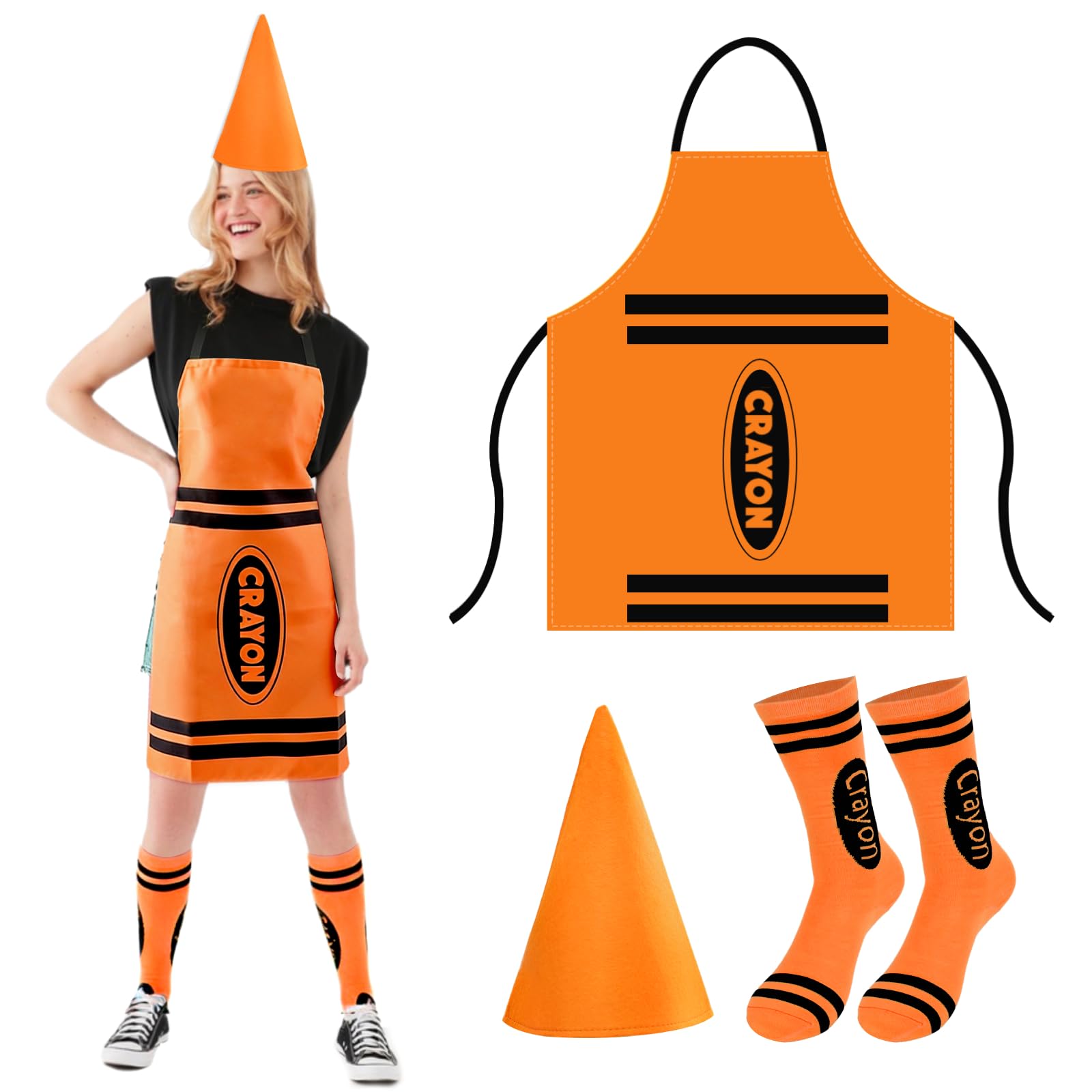 Crayon Costume Adult 3Pcs,Colorful Crayon Fancy Dress Include Crayon Apron, Funny Cone Hat And Striped Socks,Unisex World Book Day Costumes,Halloween Party Christmas Group Cosplay Outfits (Orange) — image 1
