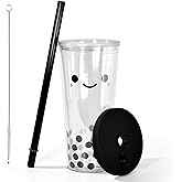sweet grain Boba Cup, 24 oz Smile Iced Coffee Cup, Leak Proof and Double Wall Bubble Tea Cup, Mothers Day, Birthday Gift for Women Friend Sister Her Coffee Lover (Black)