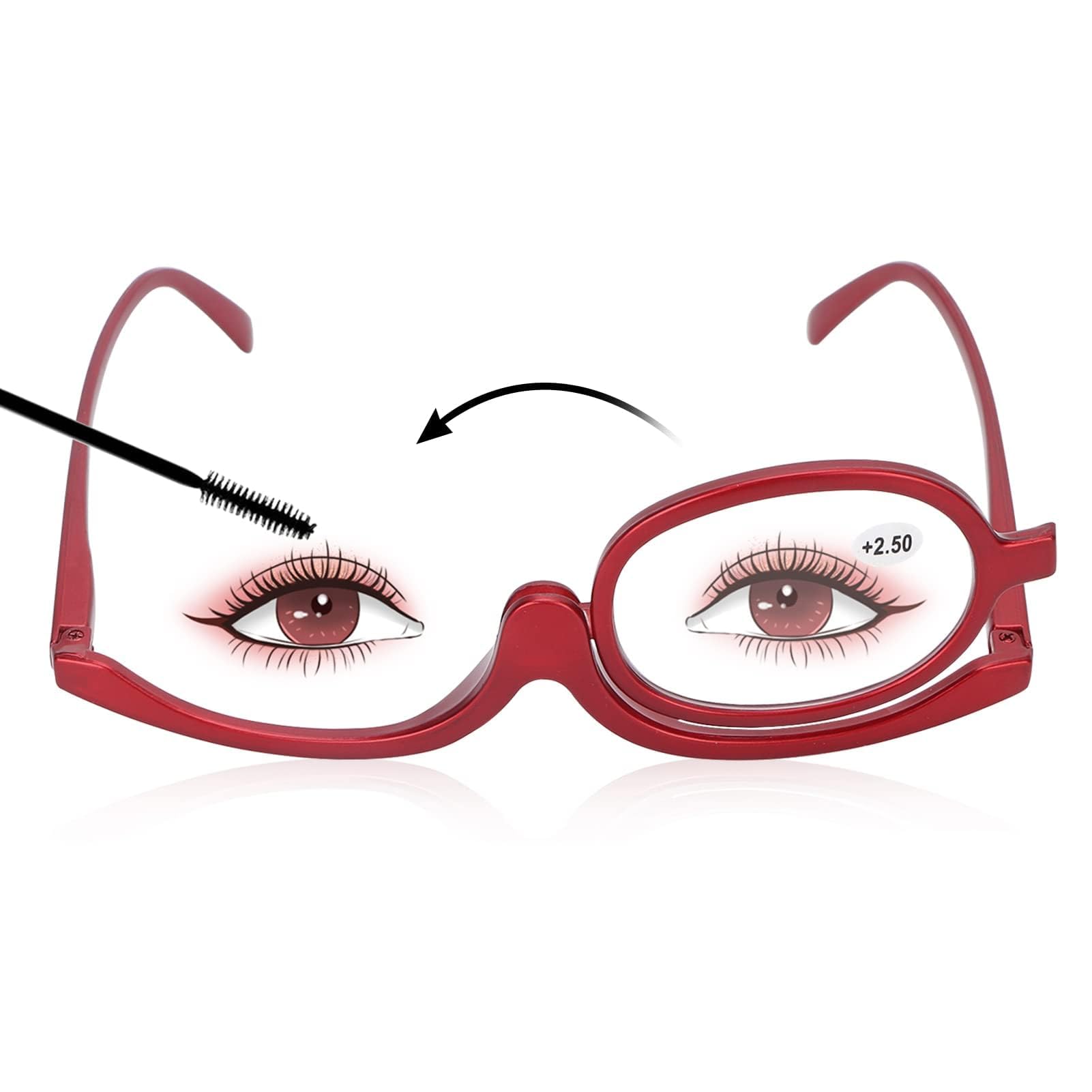 Agatige Magnifying Makeup Glasses, Single Lens Makeup Reading Glasses Magnifying Flip Down Cosmetic Readers Glasses for Women (Red)(+2.50)